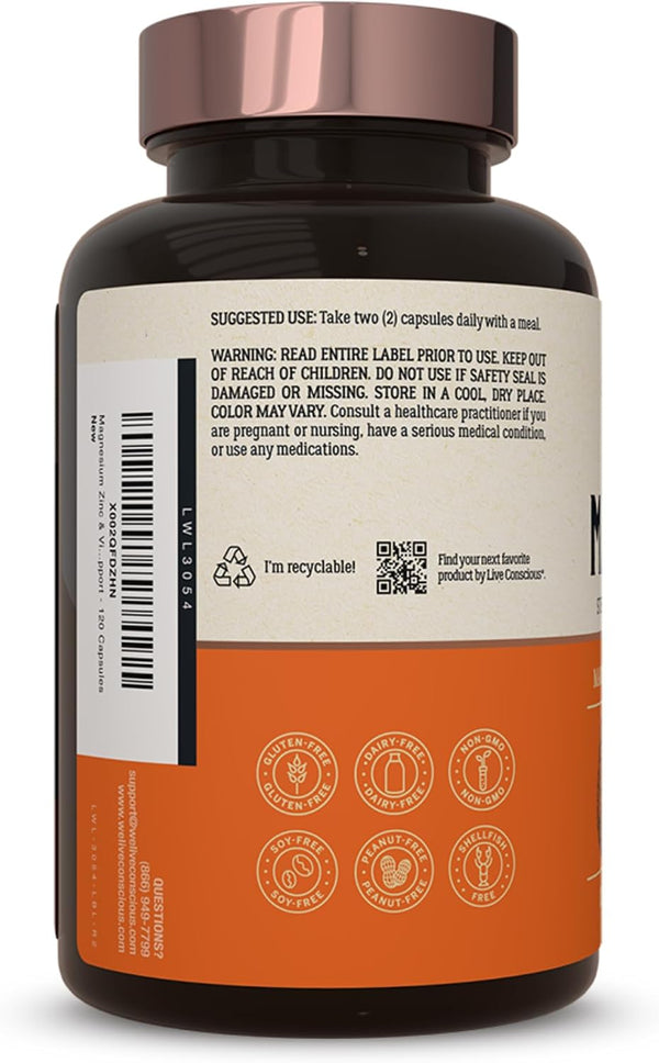 Live Conscious Magwell Magnesium Zinc & Vitamin D3 - Magnesium Glycinate, Malate, & Citrate - Triple Supplement for Women & Men - for Sleep, Bone,