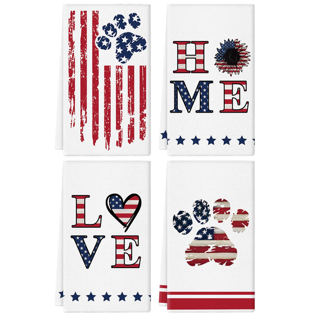 GPGHE 4Th of July Kitchen Towel 18X26 Inch American Flag Home Love Dog Paw Hand Towels Independence Day Memorial Day Hom