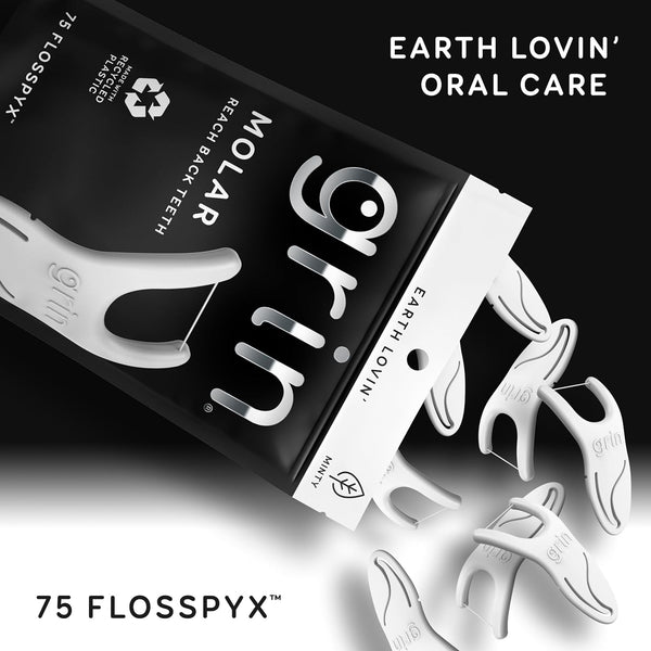 GRIN Molar Flosspyx, Floss Picks, 75 Count, Dental Flossers, Minty Flavor, Recycled Plastic, Great for Reaching Back Teeth, Slide Easily Between