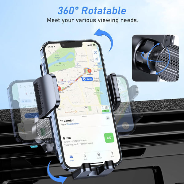 Car Phone Holder Mount, Super Stable Air Vent Cell Phone Car Mount with 2025 Metal Hook Clip, 360Â° Rotation,One Button Release for Iphone,