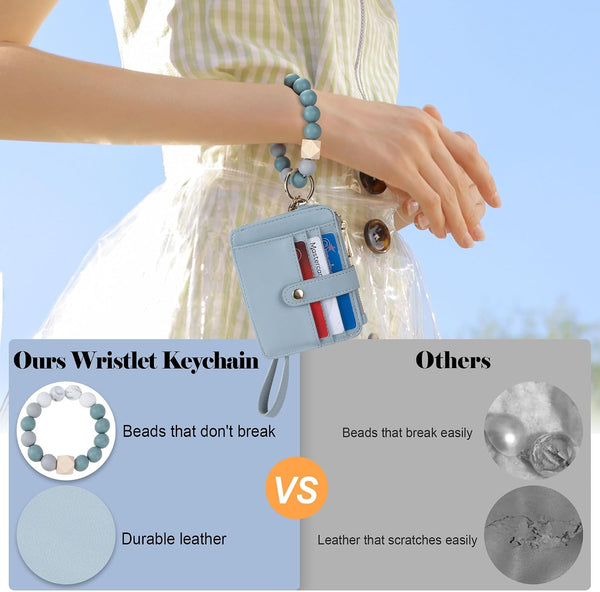 Wristlet Wallets for Women, Keychain RFID Blocking Credit Card Holder, Small Girly Wallet with Bracelet, Silicone Beaded Tassel Key Ring Card