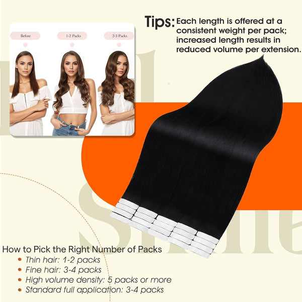 Full Shine Tape In Hair Extensions Human Hair, Jet Black 10 Inch 30G 20Pcs | Remy Tape Ins, Seamless Invisible Black Hair Extensions, Straight