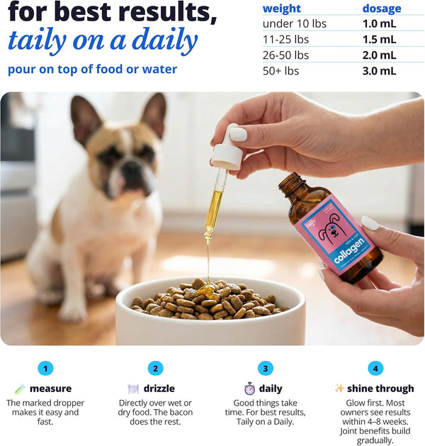 Skin and Coat Supplement for Dogs, Cats | Taily Liquid Collagen for Dogs | Itch Relief for Dogs with Allergies, with Grass Fed Collagen, Biotin,
