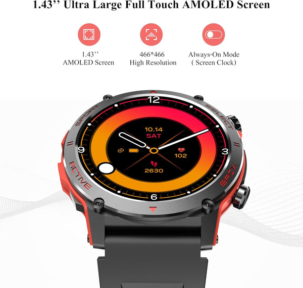 Popglory Smart Watch, 1.43''AMOLED 45mm Military Smartwatch Men Women Answer/Make Call, Digital Fitness Watch, 110+ Sports, Blood Pressure, Heart