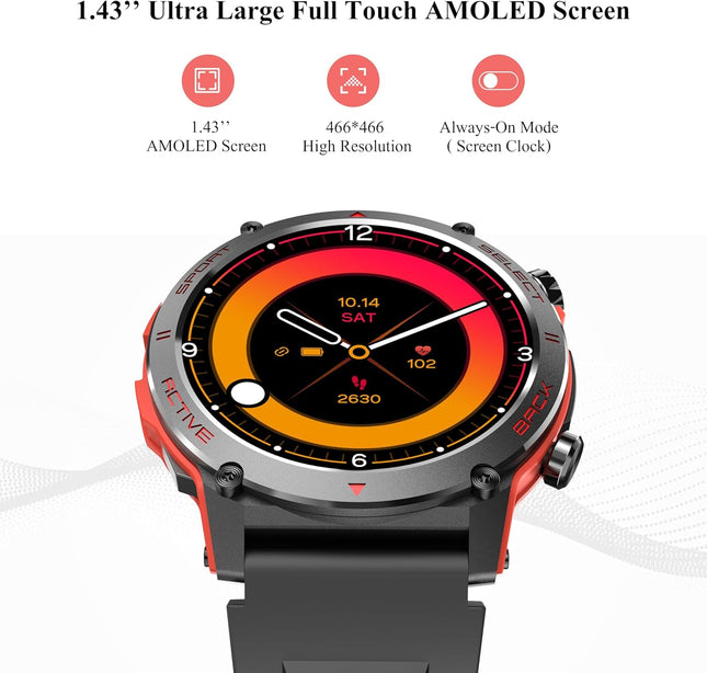 Smart Watch, 1.43''AMOLED 45Mm Military Smartwatch Men Women Answer/Make Call, Digital Fitness Watch, 110+ Sports, Blood