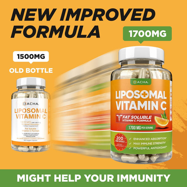 DACHA Natural Liposomal Vitamin C - 1700Mg, 200 Capsules, Immune System & Collagen Booster, High Absorption Fat Soluble VIT C, Buffered, Skin