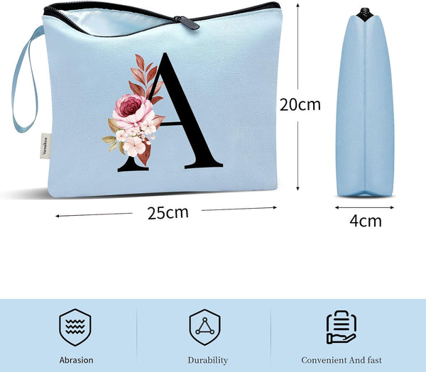 Vavabox A-Z Personalized Makeup Bag, Birthday Gifts for Women Mom, Gifts for Best Friend, Bride Bridesmaid Cosmetic bag (A, Blue) Blue A