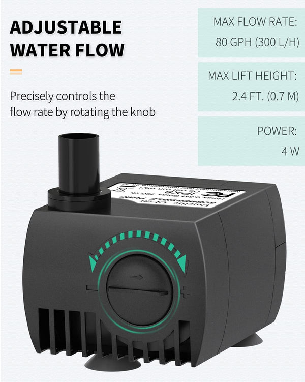 Uniclife 80 GPH Submersible Water Pump 4W 2.4ft High Lift Quiet Pump for Fountain Aquarium Fish Tank 80GPH