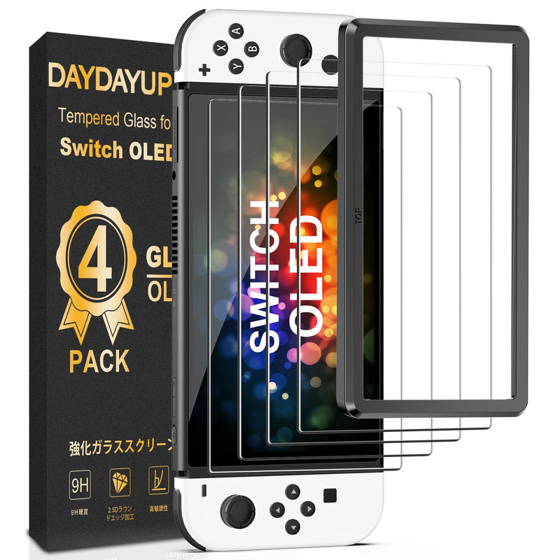 [4 Pack] Daydayup Tempered Glass Screen Protector Compatible with Nintendo Switch OLED Model 2021 - with [Alignment Frame] Transparent HD Clear