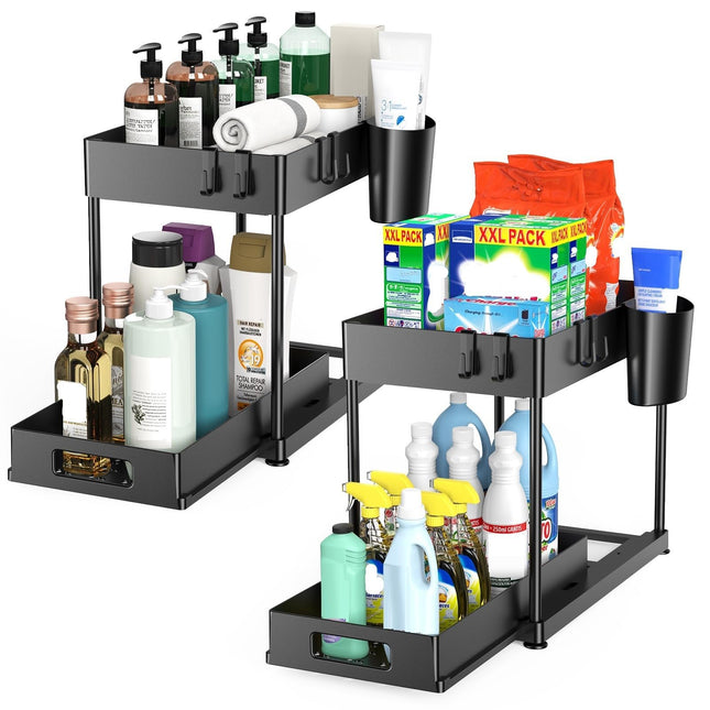 Under Sink Organizers and Storage, 2 Pack Large Capacity Heavy Load Pull-Out under Sink Shelves with Sliding Drawer for 