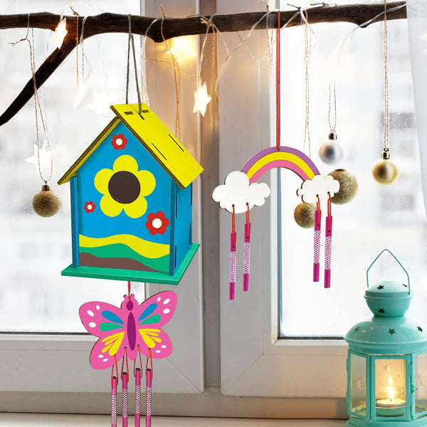 Crafts for Kids Ages 4-8 - 4 Pack DIY Bird House Wind Chime Kit - Build and Paint Birdhouses Wooden Arts Kits Easter Basket Stuffers Gifts for