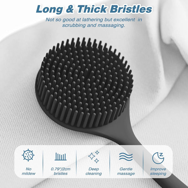 Manmihealth Silicone Back Scrubber(Thick Bristles) & Soft Bath Glove Set, Super-Exfoliating Body Scrubber & Super-Lathering Shower Brush