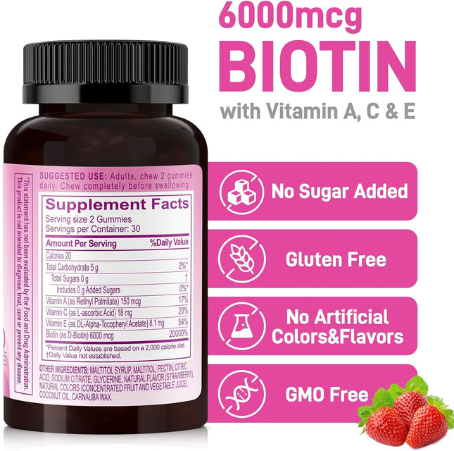 Beauty Gummies No Sugar Added, Hair Skin and Nails Gummies with Vitamins a C E, 