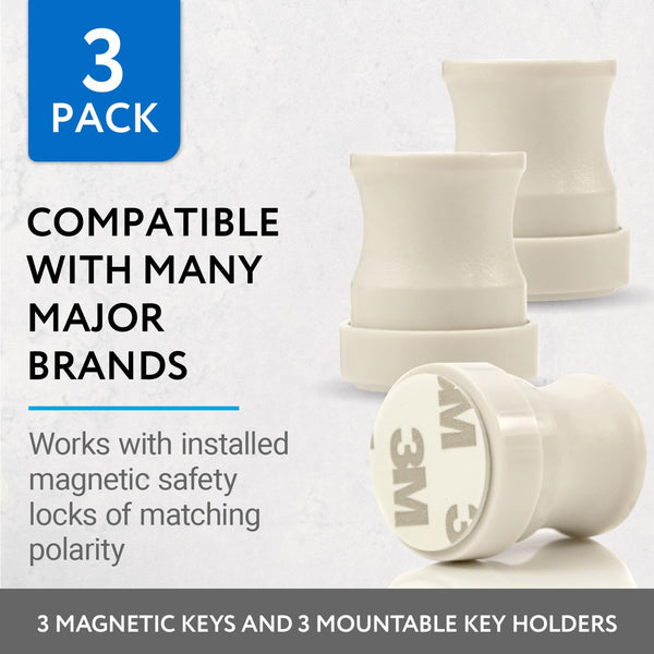 IMPRESA (3 Pack) Magnetic Safety Lock Key for Childproof Cabinet Locks - Includes 3 Adhesive Magnetic Key Holders White