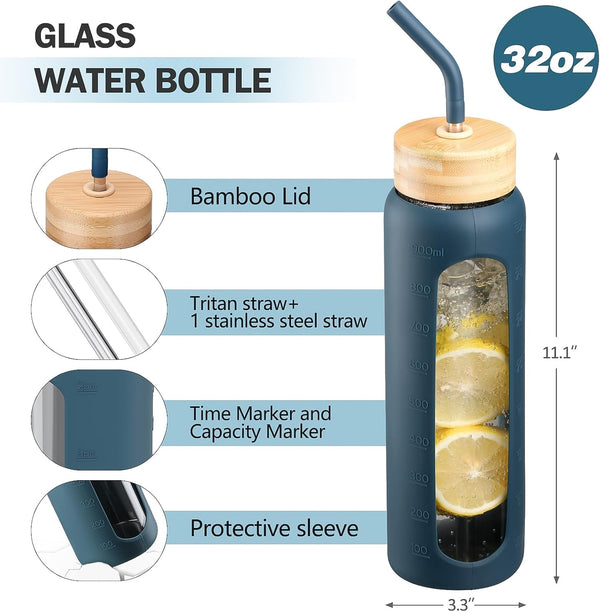 32oz Glass Water Bottle with Straw and 2 Lids- Bamboo and Spout Lid,Motivational Sports Water Bottle with Silicone Sleeve and Time Marker,Reusable