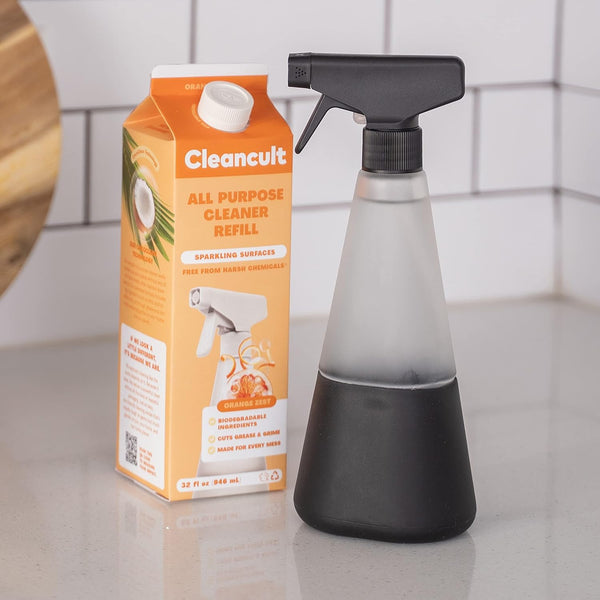 Cleancult Glass Spray Bottles (16Oz, 2 Pack) - Refillable All Purpose Cleaning Spray Bottle - Bpa-Free Plastic Nozzle & Non Slip Silicone Sleeve -