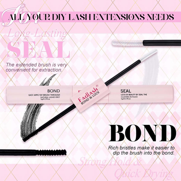 FADLASH DIY Lash Extension Kit Individual Lashes Cluster D Curl Eyelash Extension Kit with Lash Bond and Seal and Lash Applicator Tool for Self