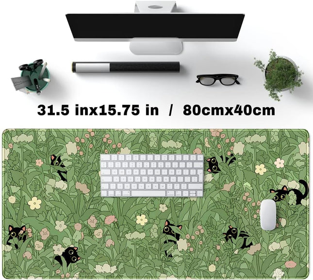 Green Desk Mat XL Cat Cute Plant Cool Desk Pad Keyboard Mat Kawaii Black Cat Flo