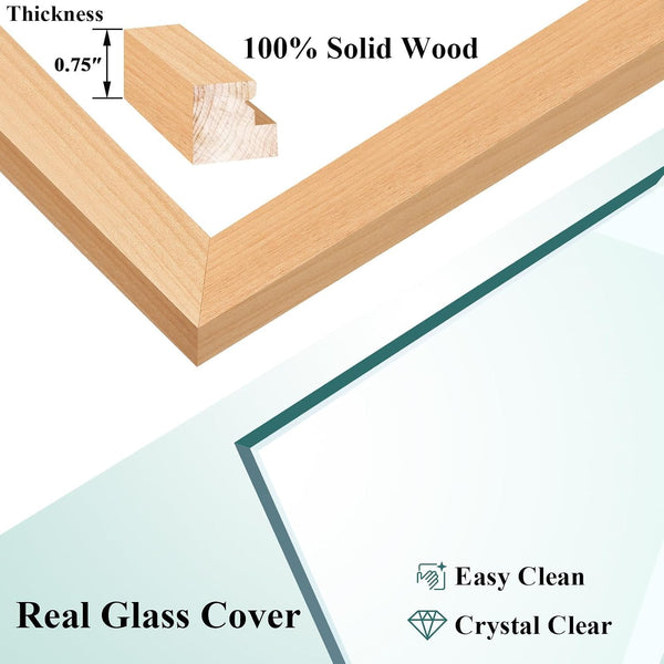 RPJC 6x8 (4x6 with Mat) Solid Wood Picture Frame Real Glass Cover Natural | Fits 4x6 with Mat or 6x8 Without Mat, Easel Back, Wall Mount or