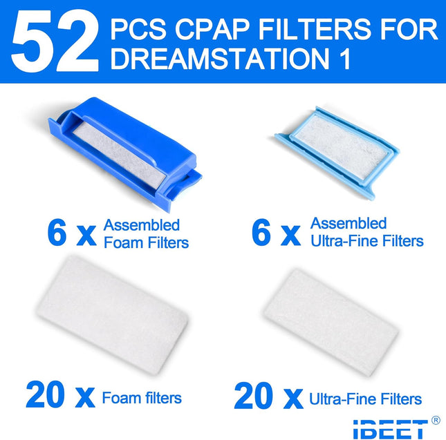 52PCS Filters for Dream Station 1 Filters, Include 6 Assembled Filters, 20 Ultra-Fine Filters, 20 Foam Filters for Dream
