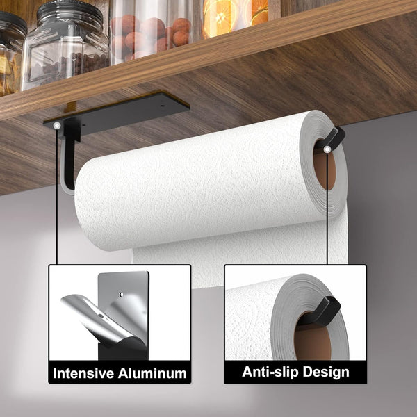 Paper Towel Holder - Self-Adhesive or Drilling, Matte Black, Upgraded Aluminum Kitchen Roll Dispenser under Cabinet, Lighter but Stronger than