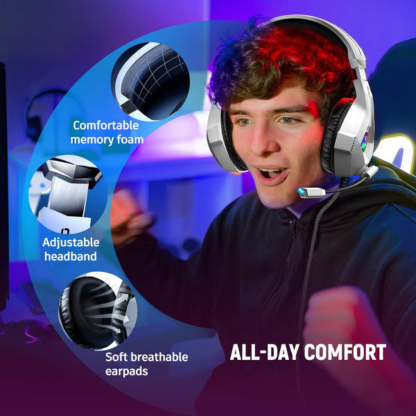 Ozeino Gaming Headset for PC, Ps4, Ps5, Xbox Headset with 7.1 Surround Sound Gaming Headphones with Noise Canceling Mic, LED Light Over Ear
