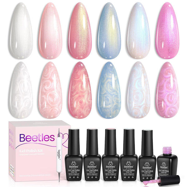 Beetles Pearl Gel Nail Polish Set, 6 Colors White Pink Blue Soak Off UV Gel | Pearl Shimmer Shades with Mermaid Tones & Swirl Effects For DIY Nail