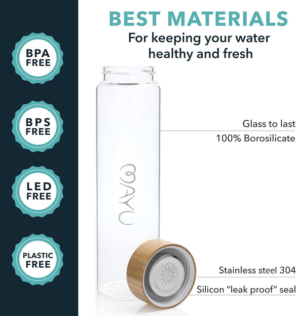 Mayu Water Bottle with Bamboo Lid, Eco Friendly & BPA Free, Plastic Free Borosilicate Glass Bottle - Zero Leak Design - for Outdoor Picnic,