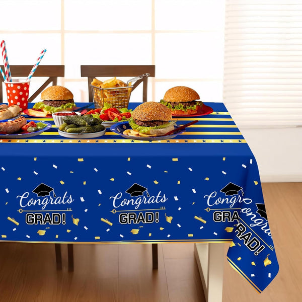 Childom 3 Pack Graduation Tablecloth,Graduation Decorations Class of 2026 Graduation Party Decorations,54"x108" Blue and Gold Plastic Table Cloth