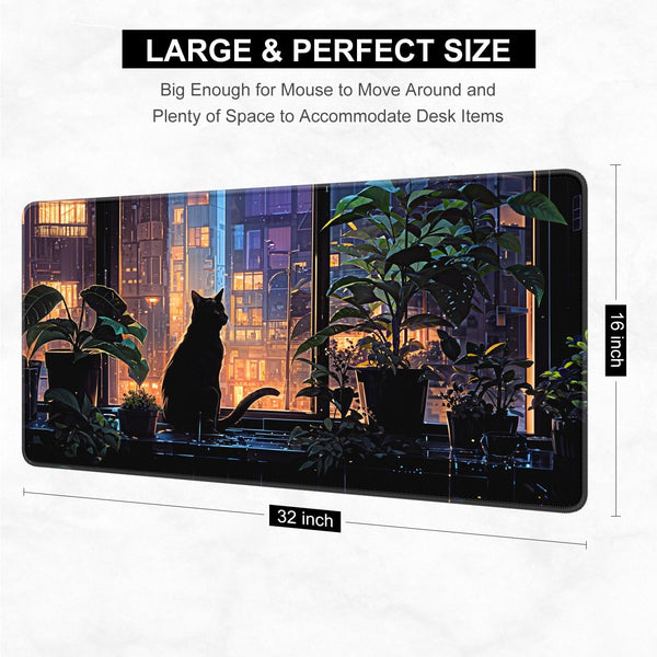 Desk Pad, Large Gaming Mouse Pad, 32" x 16", City Cat | XXXL Extended Waterproof Desk Mat, Non-Slip Rubber Base, Stitched Edges, Desktop Decor for