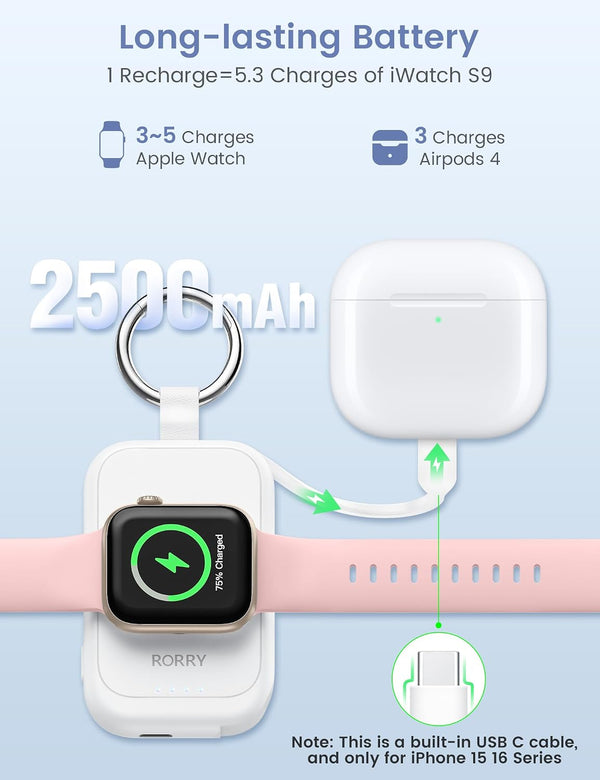 RORRY CharmGo for Apple Watch Charger, 2500mAh Portable Charger for iWatch White