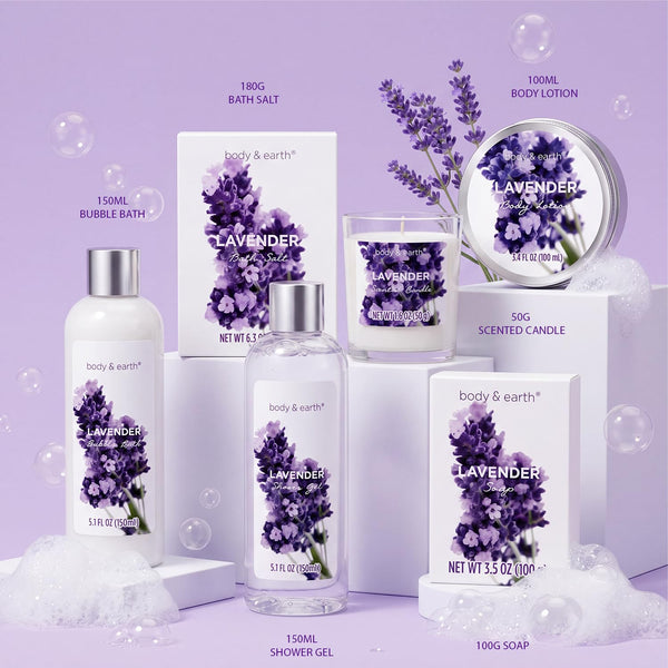 Gift Set for Women Body & Earth Spa Gifts Set Lavender Gift Baskets for Women Bath Sets with Bubble Bath Body Lotion Scented Candle Christmas
