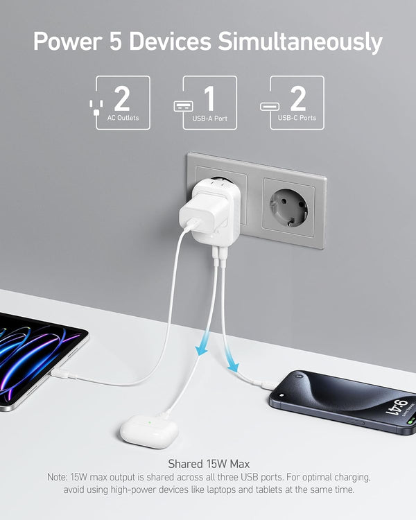 Anker European Travel Plug Adapter, 15W USB-C & 2 AC Outlets, Fits Type E/F Sockets, Compact for Iphone, Ipad & More (Not Compatible with Type L/G