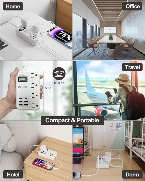 6 USB Travel Power Strip,4 Outlets,5Ft Extension Cord,Surge Protector,13A | 2 USB C,6 USB Charging Station,5Ft Braided Extension Cord,Surge