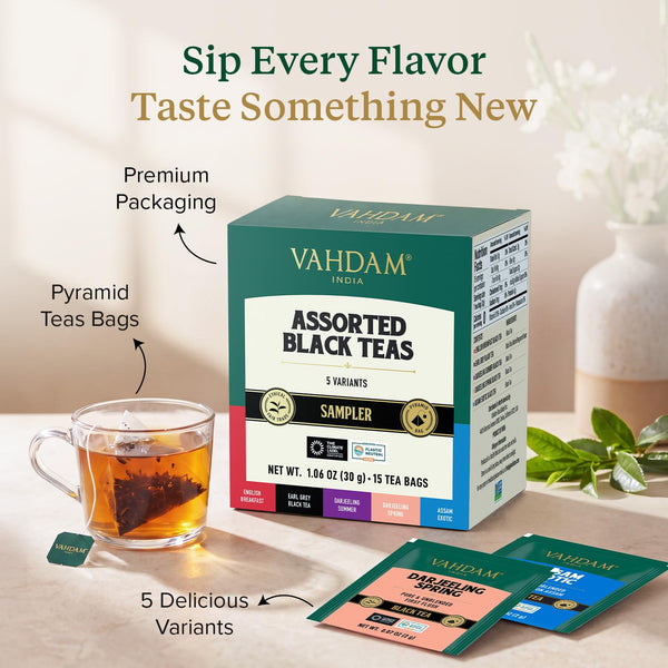 VAHDAM Assorted Black Tea Bag Sampler(5 Flavors, 15 Pyramid Teabag)Tea Gift Black Tea Assortment 20 Count (Pack of 1)
