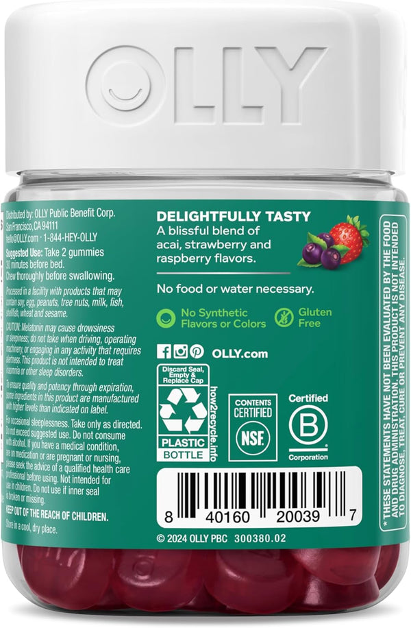 OLLY Muscle Recovery Sleep Gummies, Sleep and Sore Muscle Support, 3Mg Melatonin, Tart Cherry, Vitamin D, Berry Flavor - 40 Count