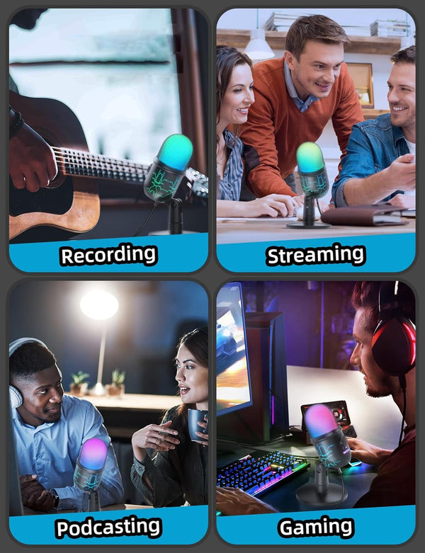 Gaming Microphone, USB Computer Microphone for PC, Mac, PS4/5, Condenser Podcast Mic for Studio Recording, Youtube, Streaming, with Headphone