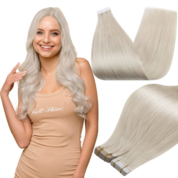 Full Shine Human Hair Tape In Extensions, Ice Blonde 10 Inch | 30G 20Pcs, Remy Hair Extensions Real Human Hair, PU Tape Base, Add Volume For Fine