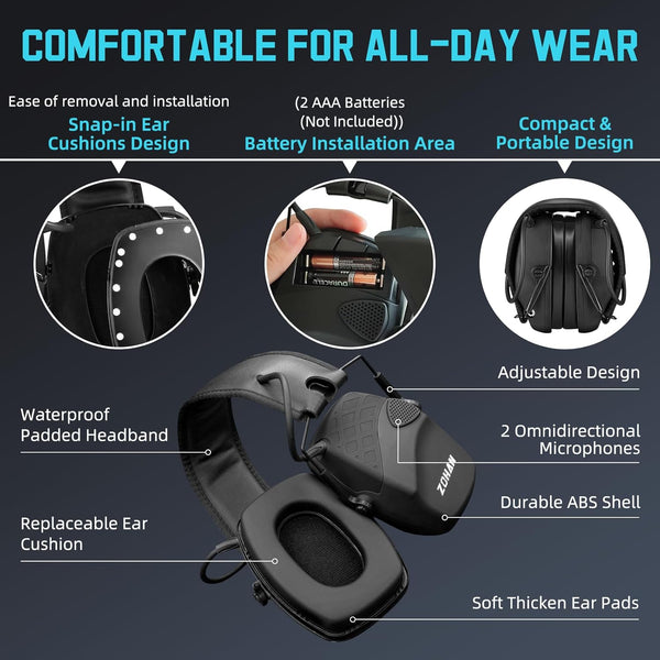 ZOHAN EM054 Electronic Ear Protection for Shooting Range with Sound Amplification Noise Reduction, Ear Muffs for Gun Range