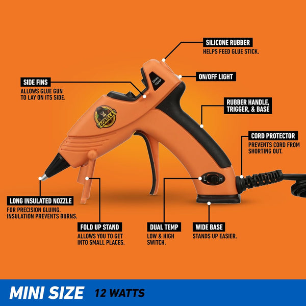 Gorilla Mini Hot Glue Gun Kit (Pack of 1 Mini Hot Glue Gun and 75 Sticks) - Dual Temp, Precision Nozzle, and Easy Squeeze Trigger