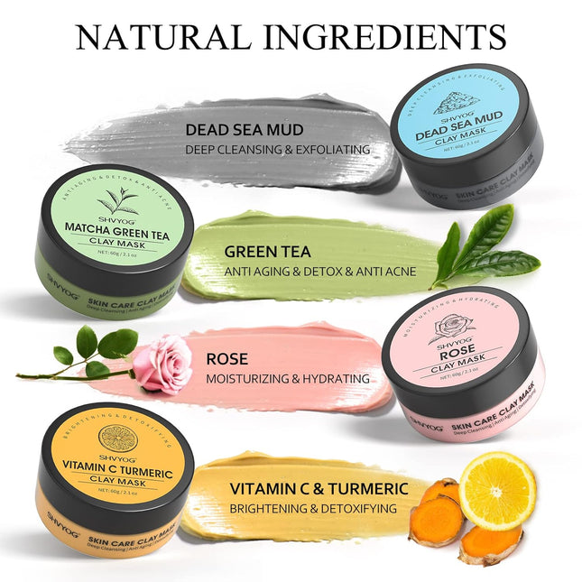 4 Pcs Clay Facial Mask Set - Turmeric, Vitamin C, Green Tea, Dead Sea Mud, and Rose Clay Skin Care Mask for Deep Cleansi
