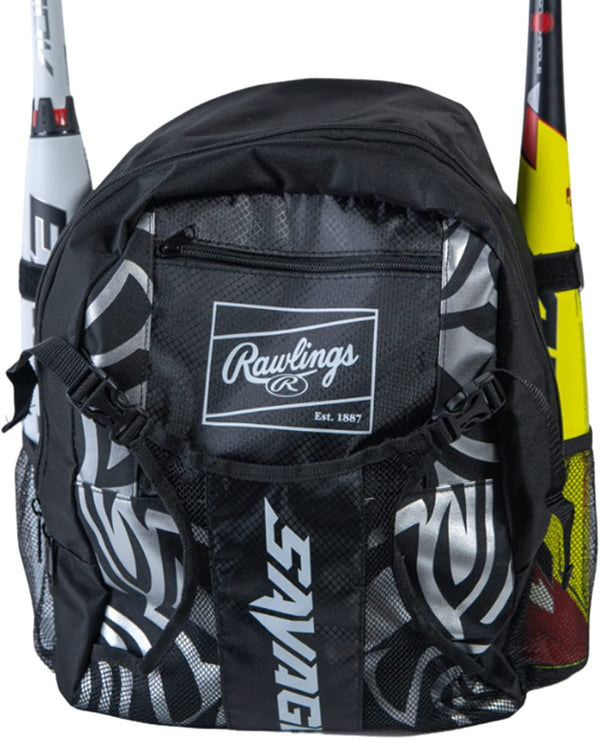 Rawlings | SAVAGE Backpack Equipment Bag | T-Ball/Youth Baseball & Softball | Multiple Styles Black / Silver