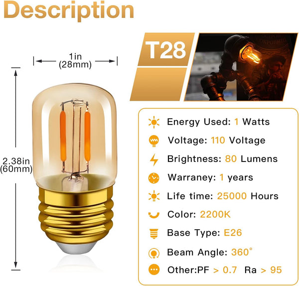 E26 LED Amber Night Light Bulbs 1W, T28 Mini Edison Tube Lamp 2200K Warm, 10W Incandescnet Equivalent,Non-Dimmable Replacement Decorative Bulb
