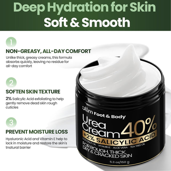 Urea Cream 40 Percent for Feet - Foot Cream for Dry Cracked Heels, 2% Salicylic Acid for Callus Remover, Maximum Strength Repair Skin, Soft &
