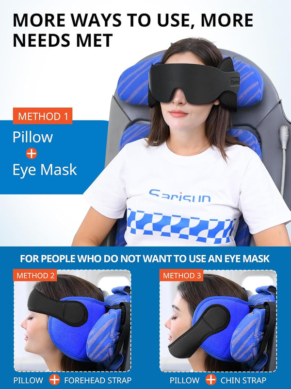 SARISUN Airplane Pillow Combo with Chin Strap, Travel Pillows for Airplanes with Sleep Eye Mask, Plane Pillow for Long Flights, Car Road Trip,