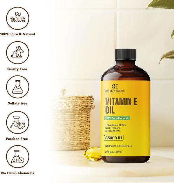 Botanic Hearth Vitamin E Oil 2 Fl Oz |100% Pure and Natural- Cold Pressed & Hexane Free Natural Hair Growth Oil for Eyelashes, Eyebrows, Skin,