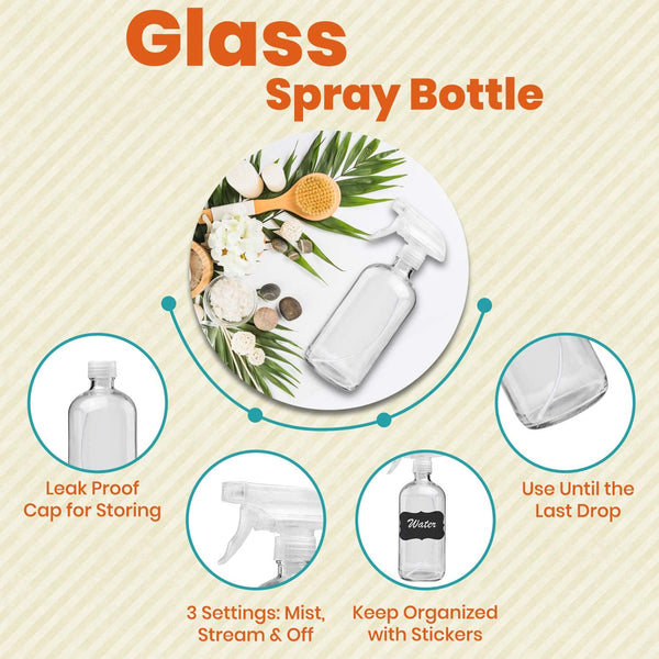 Clear Glass Spray Bottles for Cleaning Solutions (4 Pack) - 16 Ounce, Refillable & Reusable Sprayer for Essential Oil, Water, Kitchen, Hair.
