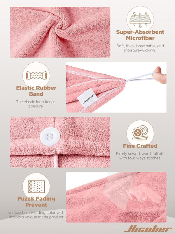 Hicober Microfiber Hair Towel Wrap for Women,Quick Dry, Pink Grey, 2-Pack Pink,grey Large