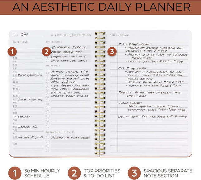 Beautiful Daily Planner and Notebook with Hourly Schedule - Aesthetic Spiral to 