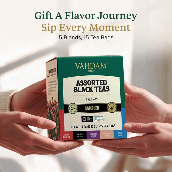 VAHDAM Assorted Black Tea Bag Sampler(5 Flavors, 15 Pyramid Teabag)Tea Gift Black Tea Assortment 20 Count (Pack of 1)